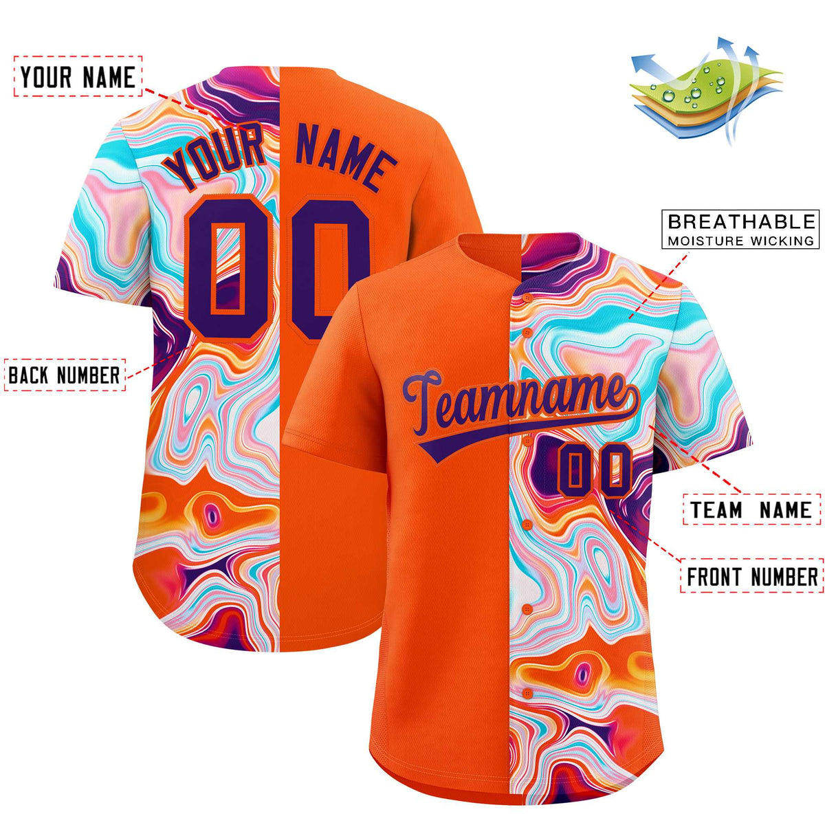 Custom Orange Split Fashion Fluid Pattern Authentic Baseball Jersey