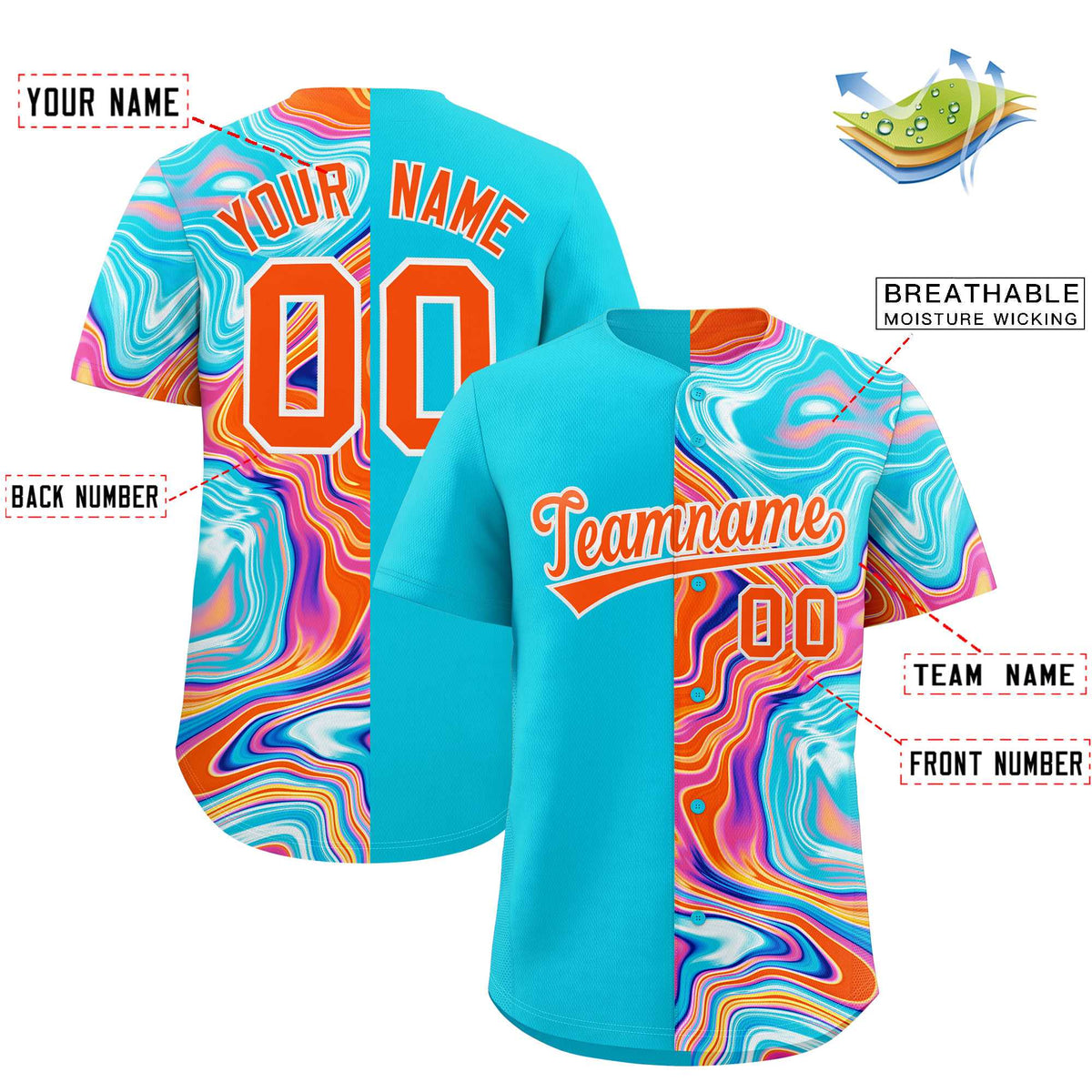Custom Sky Blue Split Fashion Fluid Pattern Authentic Baseball Jersey