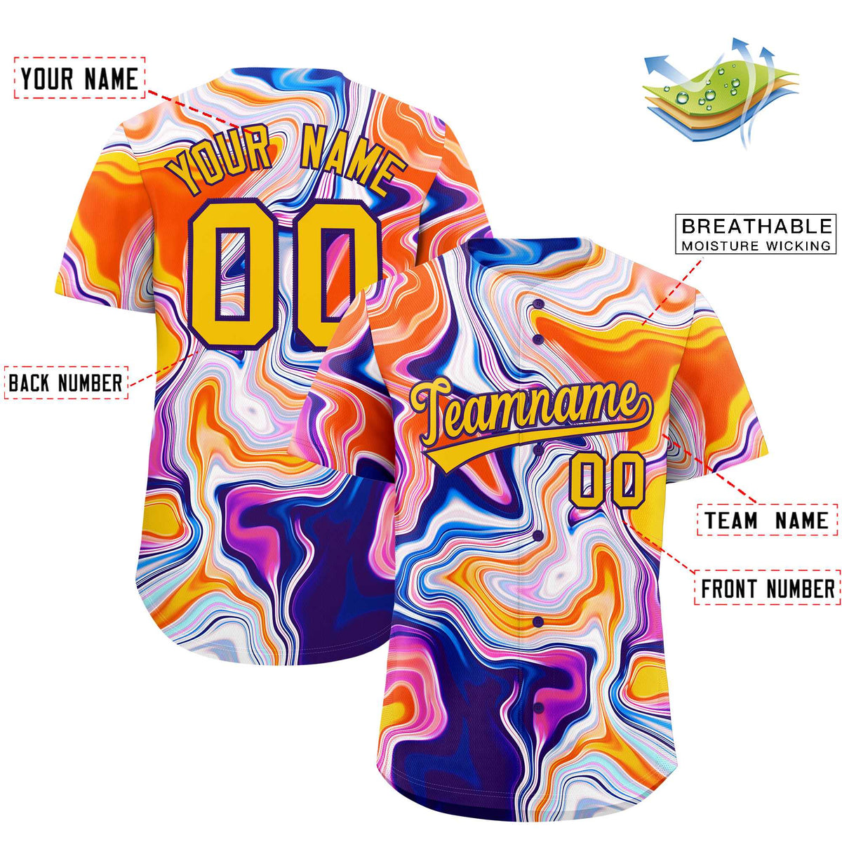 Custom Multi Color Split Fashion Fluid Pattern Authentic Baseball Jersey