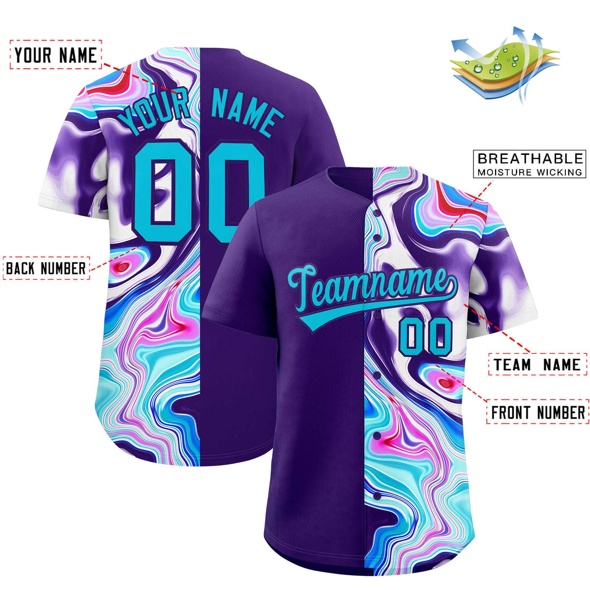 Custom Purple Split Fashion Fluid Pattern Authentic Baseball Jersey