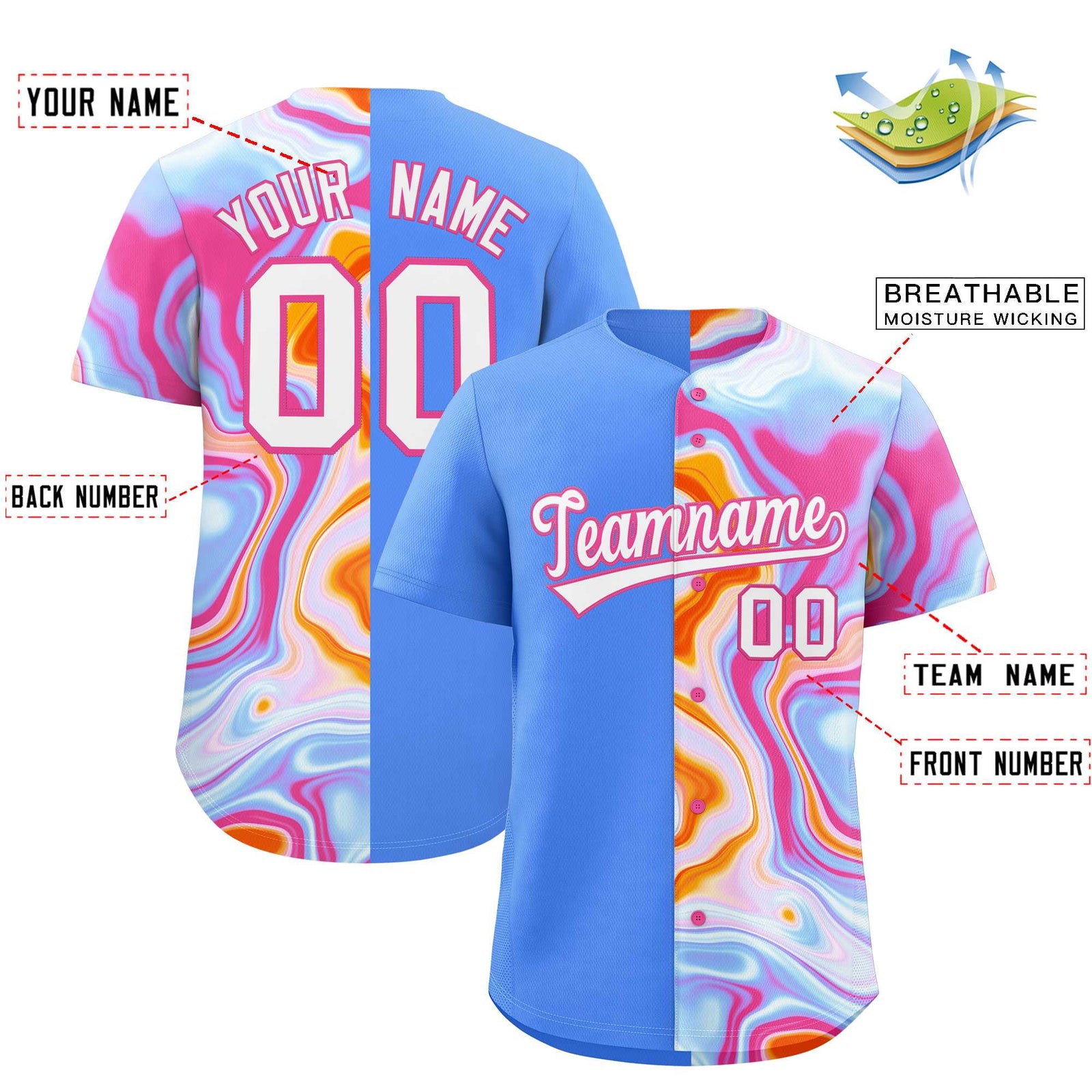 Custom Powder Blue Split Fashion Fluid Pattern Authentic Baseball Jersey