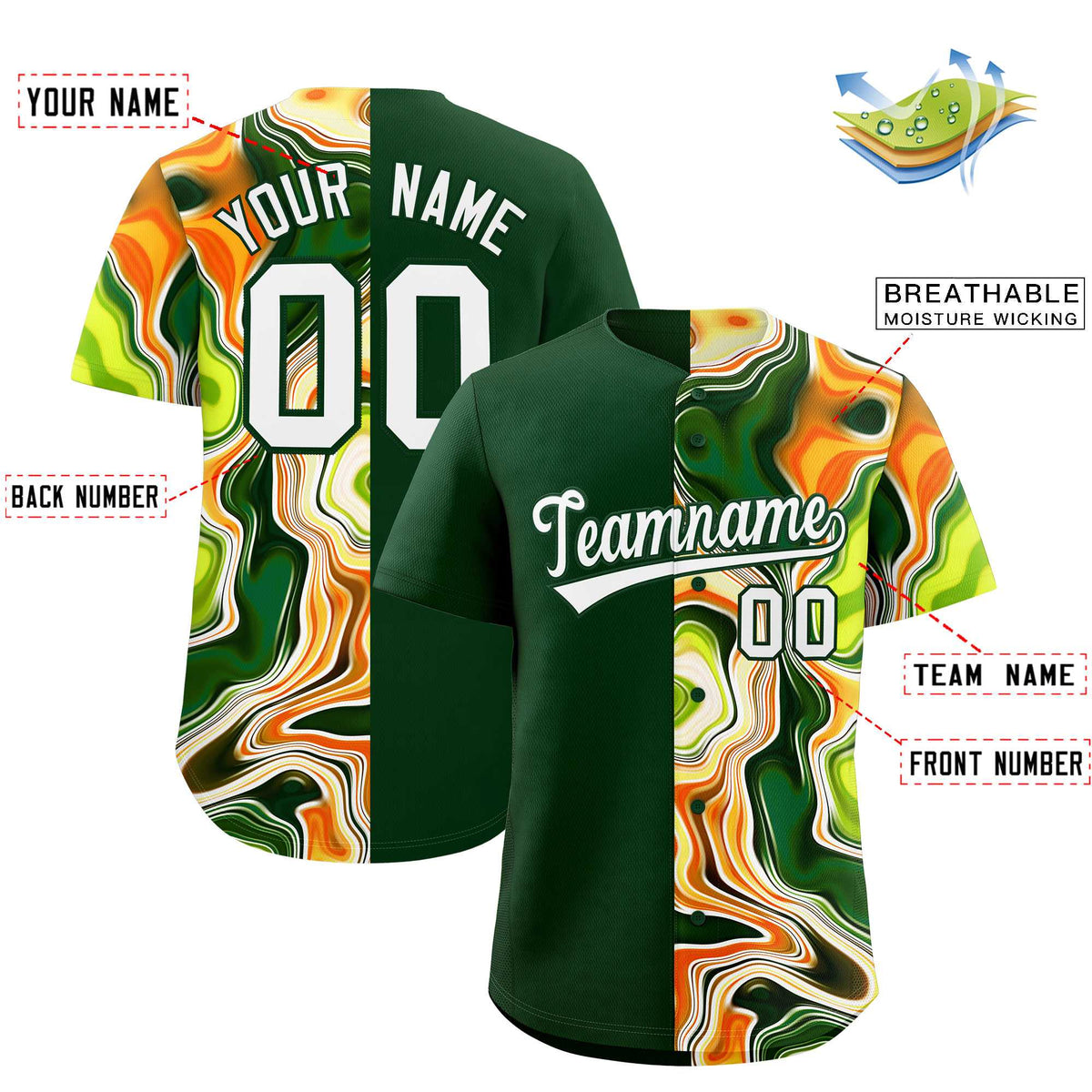 Custom Green Split Fashion Fluid Pattern Authentic Baseball Jersey