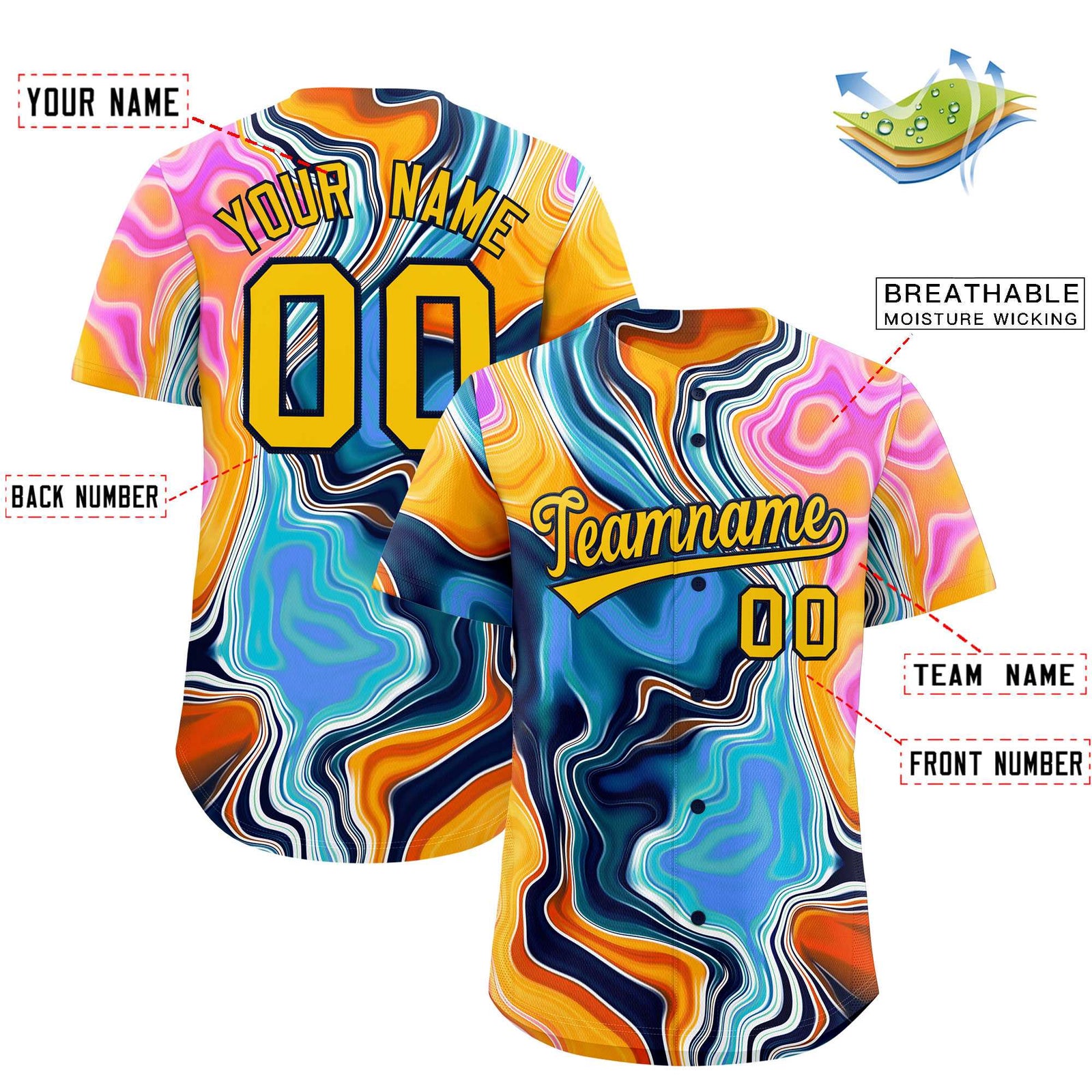 Custom Multi Color Split Fashion Fluid Pattern Authentic Baseball Jersey