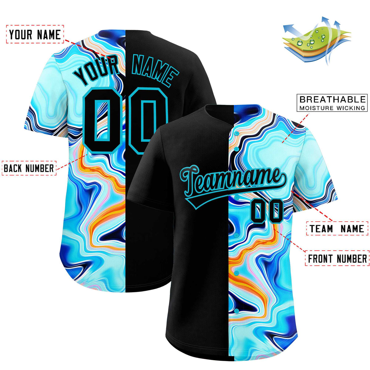Custom Black Split Fashion Fluid Pattern Authentic Baseball Jersey