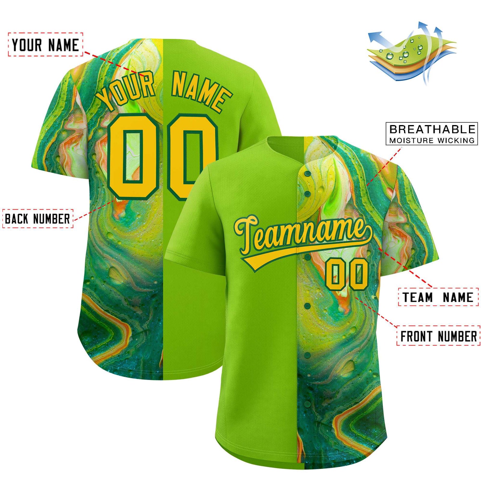 Custom Neon Green Split Fashion Fluid Pattern Authentic Baseball Jersey