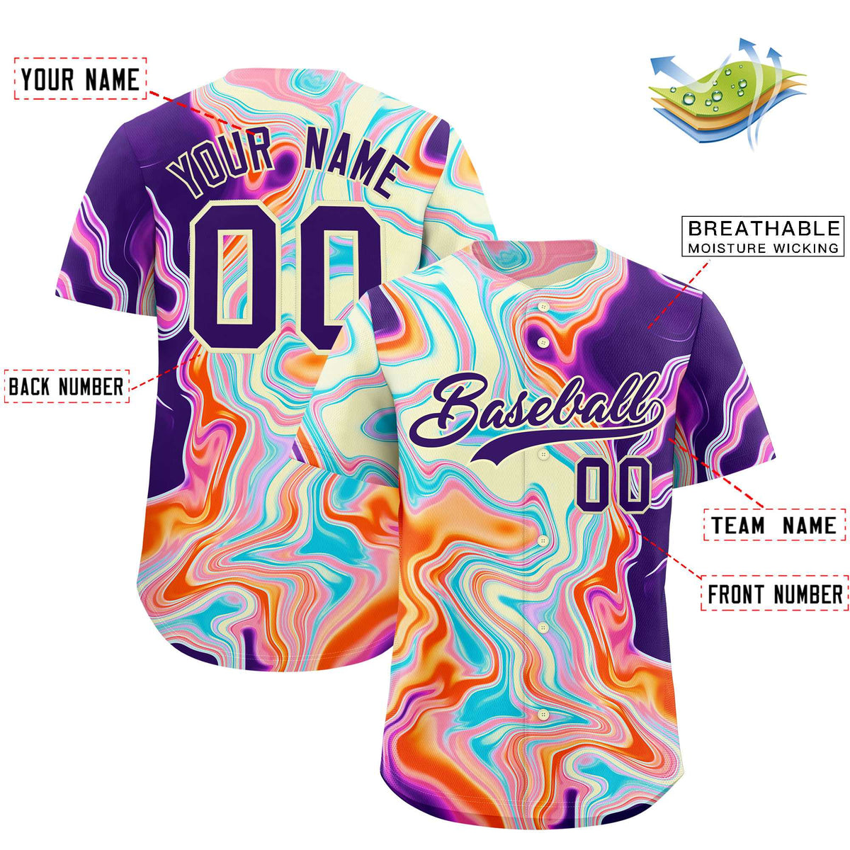 Custom Multi Color Split Fashion Fluid Pattern Authentic Baseball Jersey