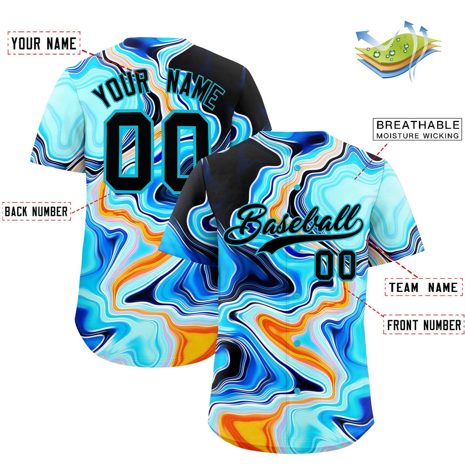 Custom Multi Color Split Fashion Fluid Pattern Authentic Baseball Jersey