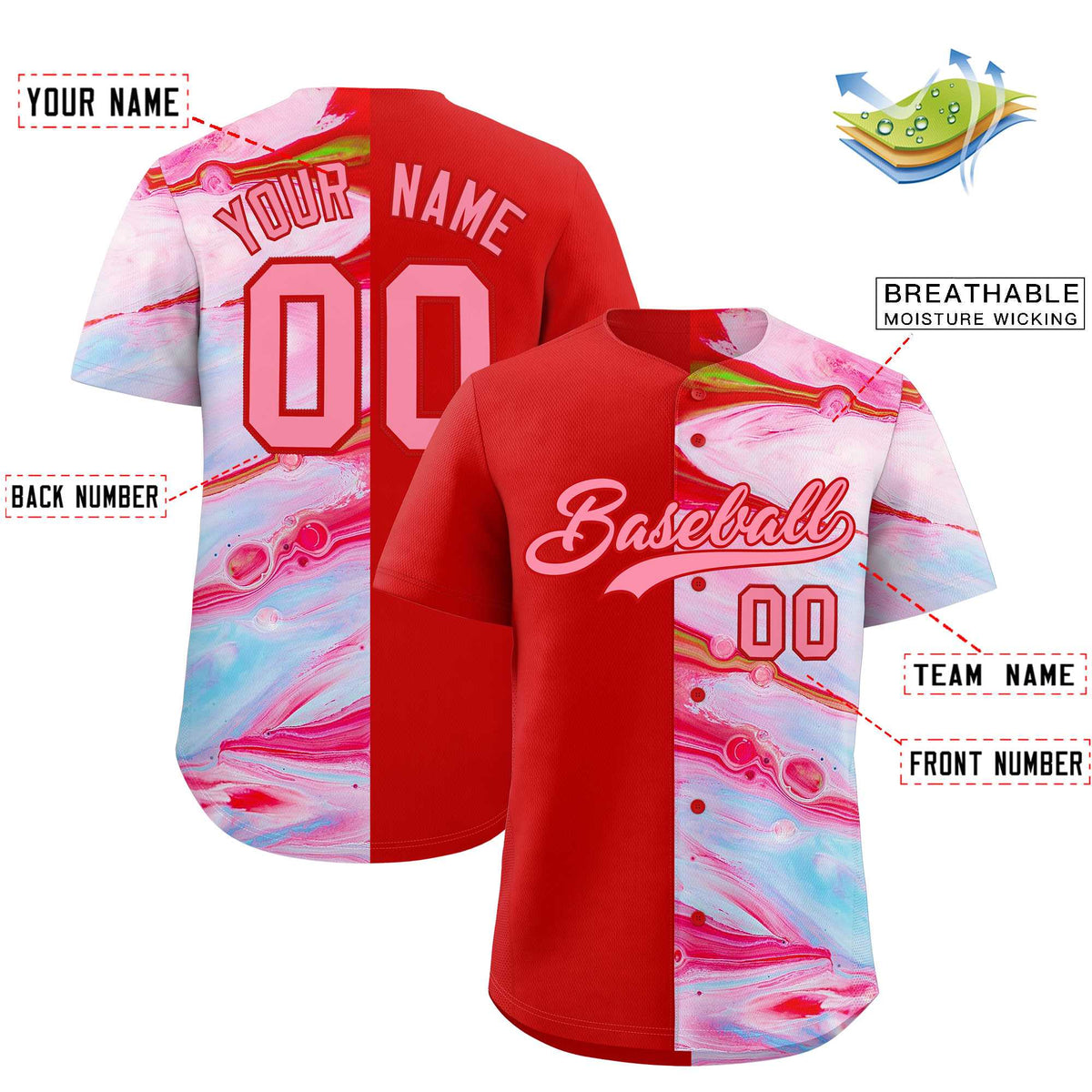 Custom Red Split Fashion Fluid Pattern Authentic Baseball Jersey