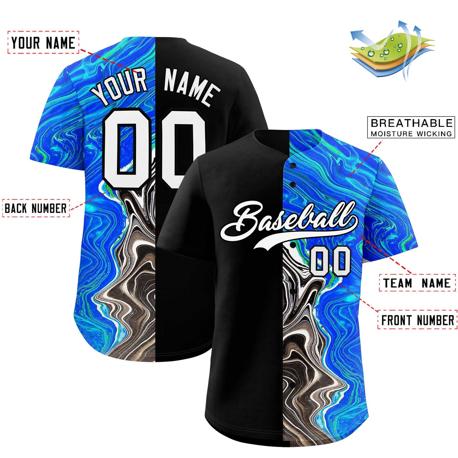 Custom Black Split Fashion Fluid Pattern Authentic Baseball Jersey