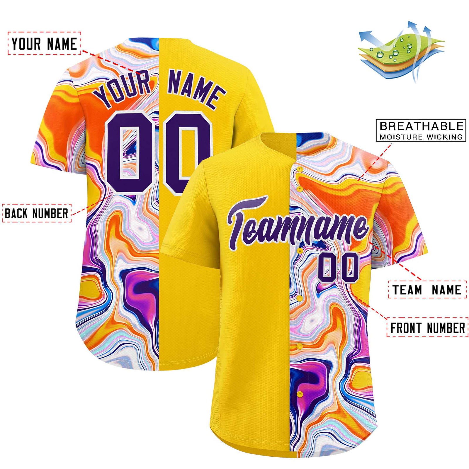 Custom Gold Split Fashion Fluid Pattern Authentic Baseball Jersey