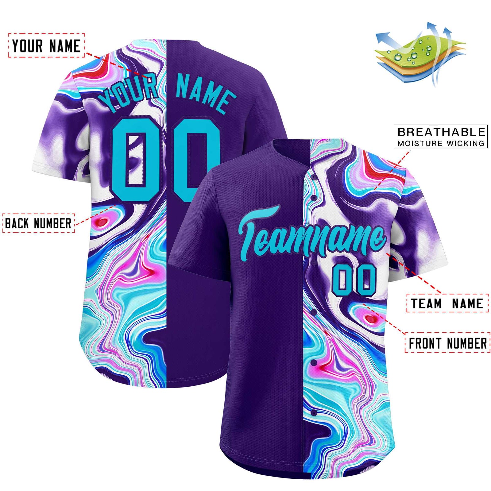 Custom Purple Split Fashion Fluid Pattern Authentic Baseball Jersey
