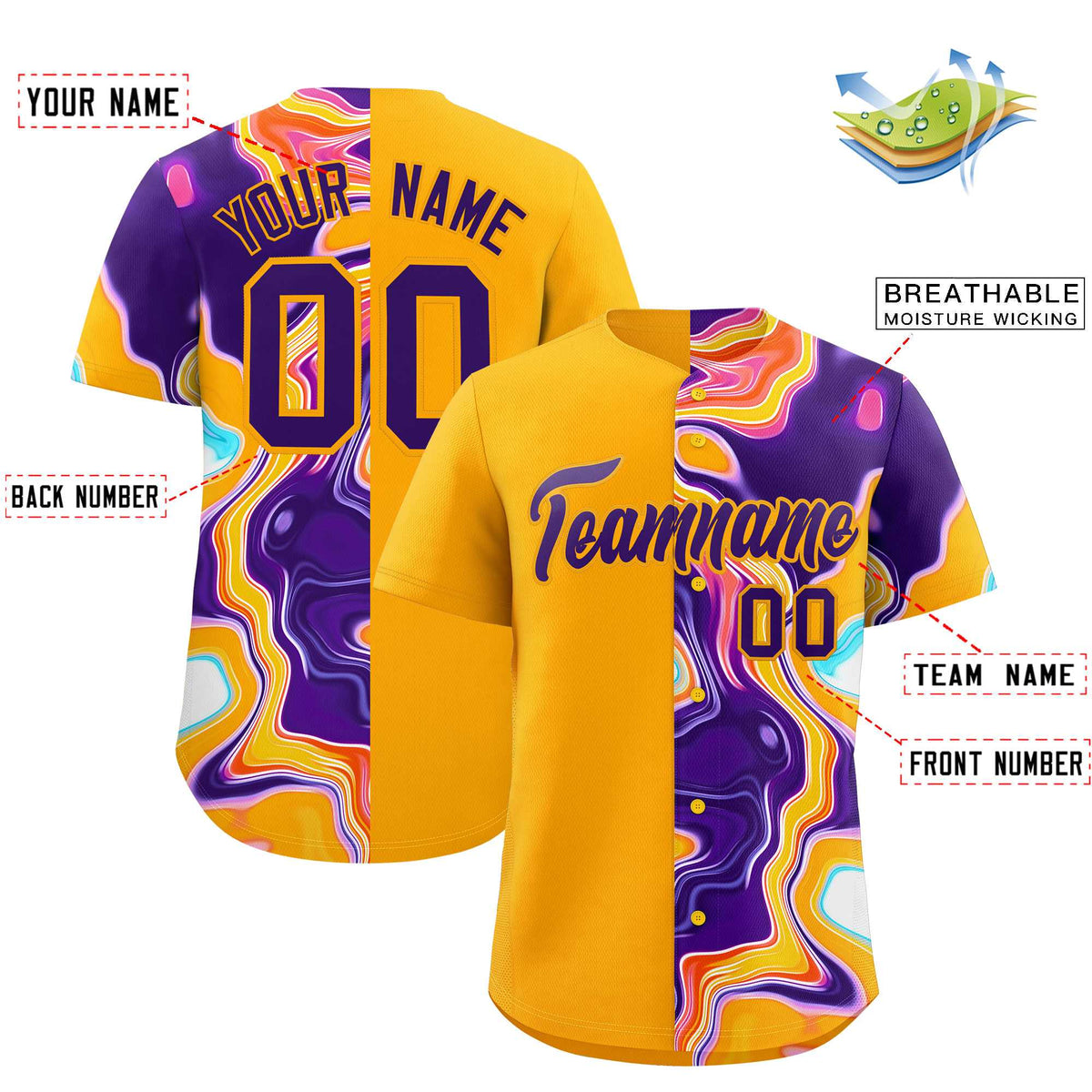 Custom Yellow Split Fashion Fluid Pattern Authentic Baseball Jersey