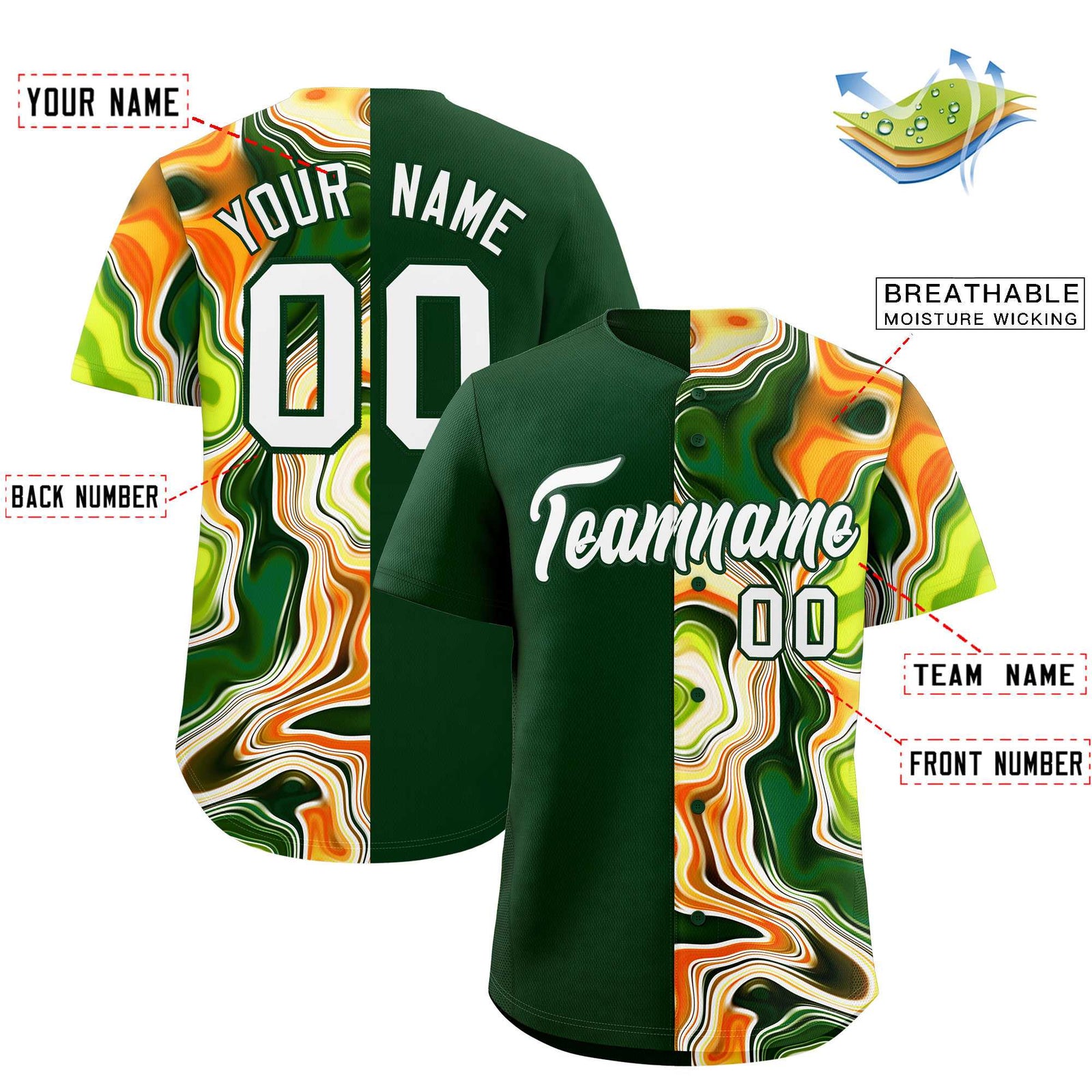 Custom Green Split Fashion Fluid Pattern Authentic Baseball Jersey