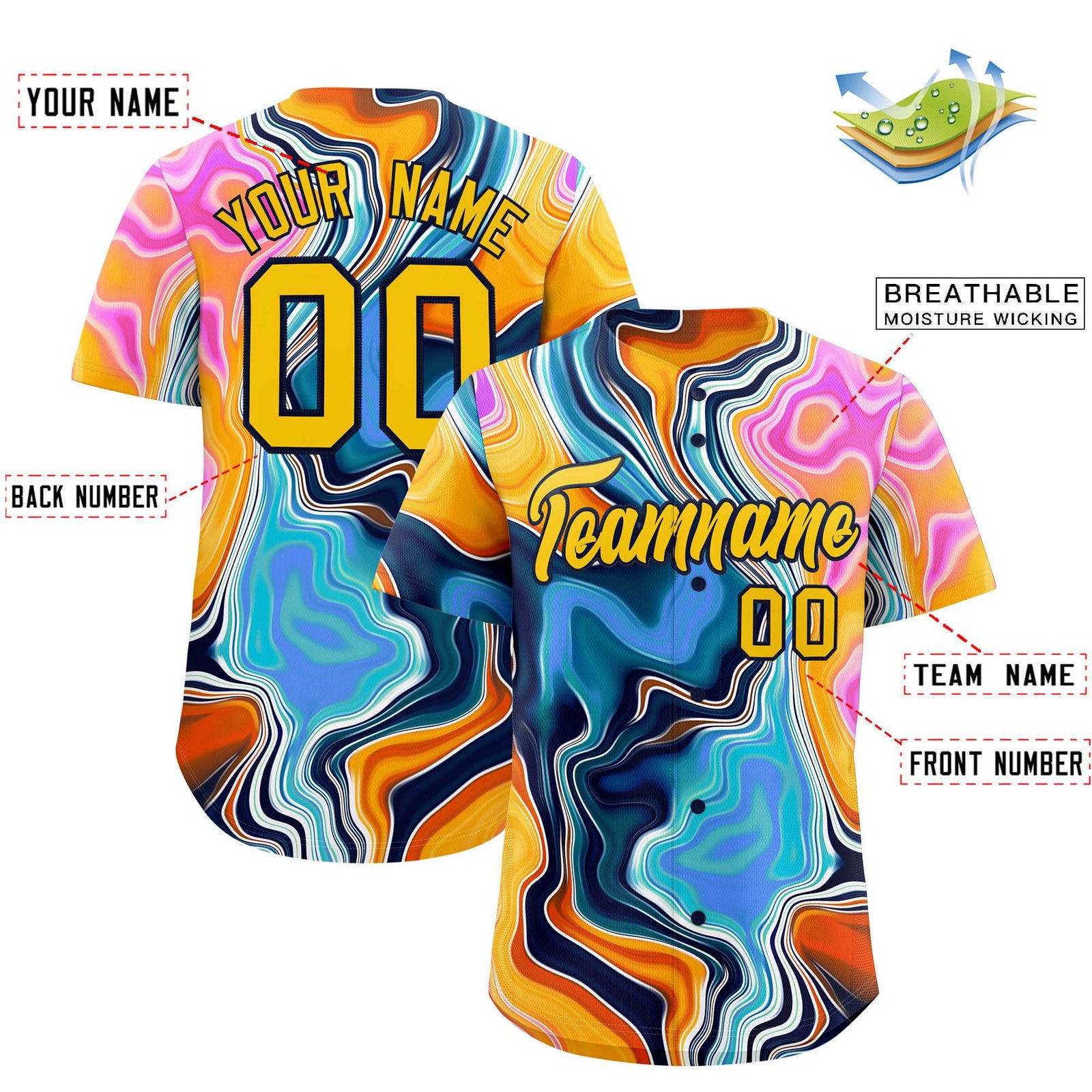 Custom Multi Color Split Fashion Fluid Pattern Authentic Baseball Jersey