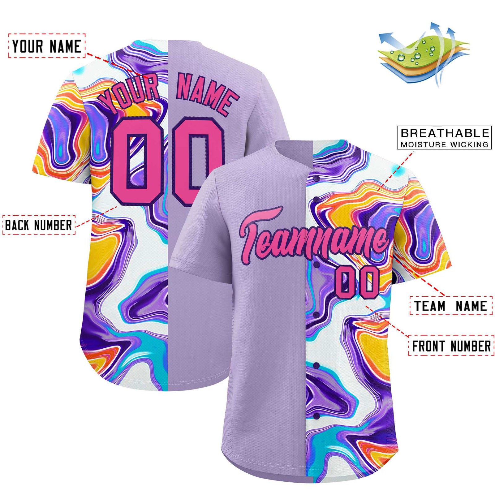 Custom Light Purple Split Fashion Fluid Pattern Authentic Baseball Jersey