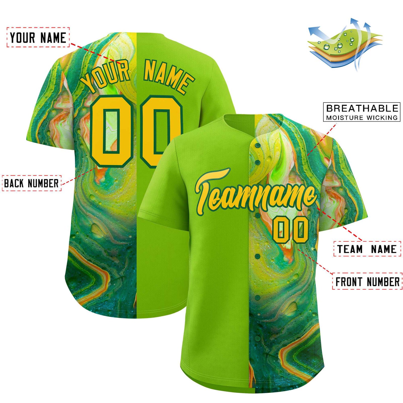 Custom Neon Green Split Fashion Fluid Pattern Authentic Baseball Jersey