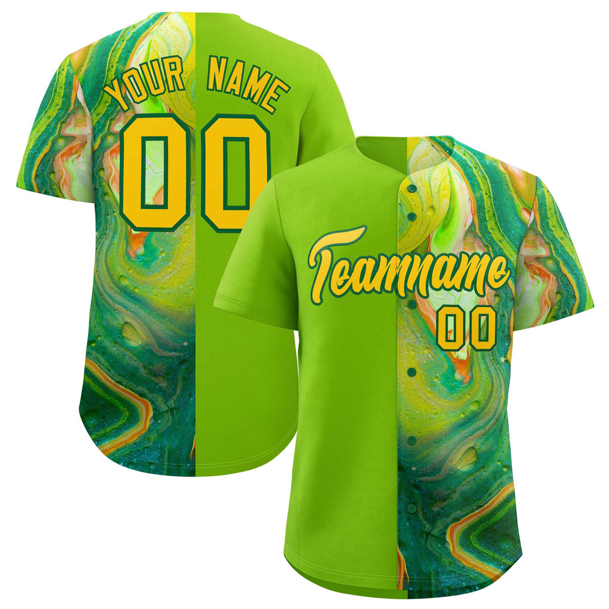 Custom Neon Green Split Fashion Fluid Pattern Authentic Baseball Jersey