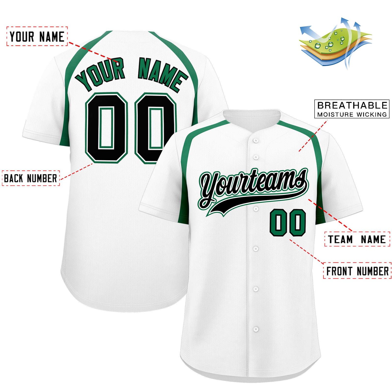 Custom White Kelly Green Personalized Color Block Authentic Baseball Jersey
