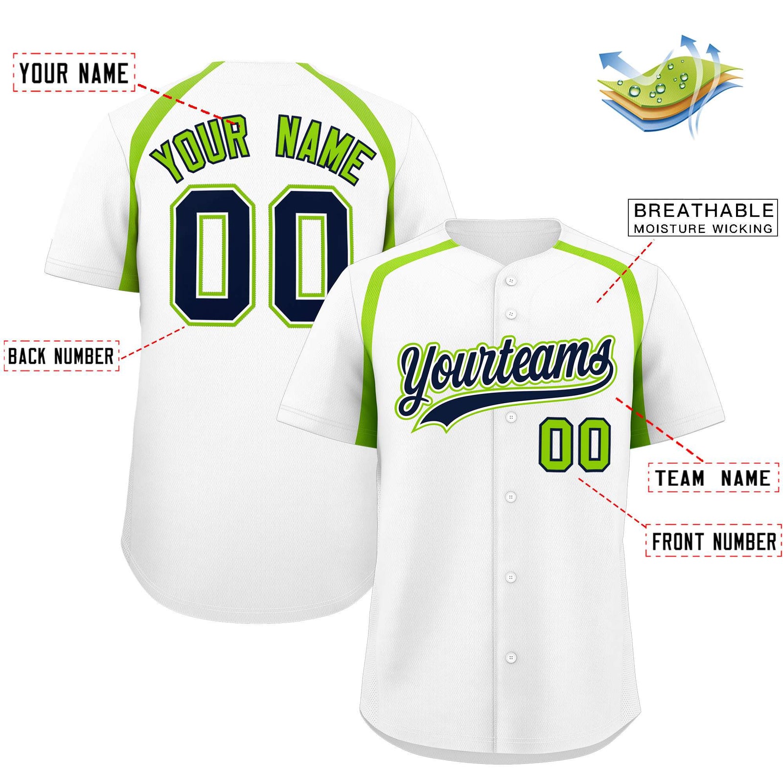Custom White Neon Green Personalized Color Block Authentic Baseball Jersey