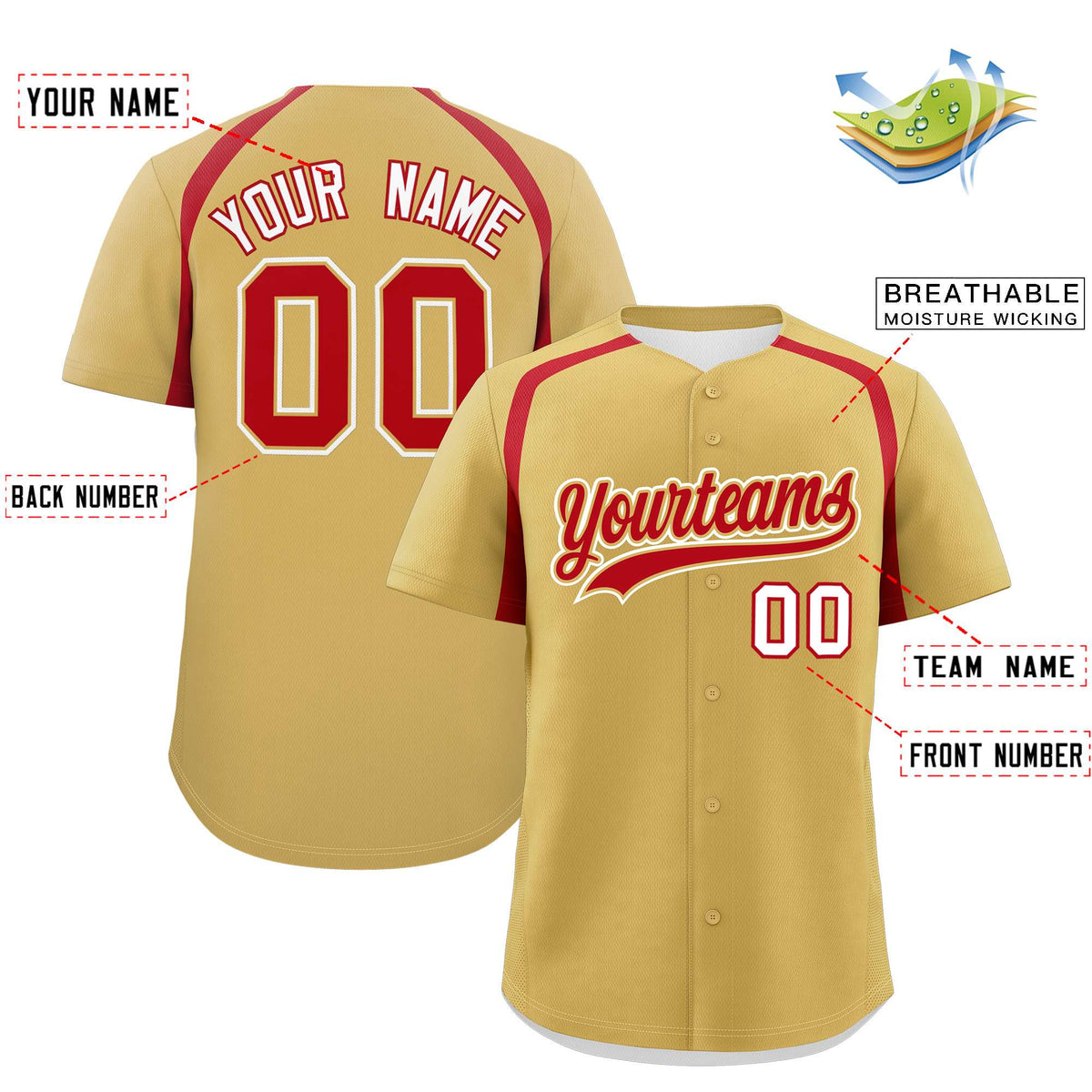 Custom Old Gold Red Personalized Color Block Authentic Baseball Jersey