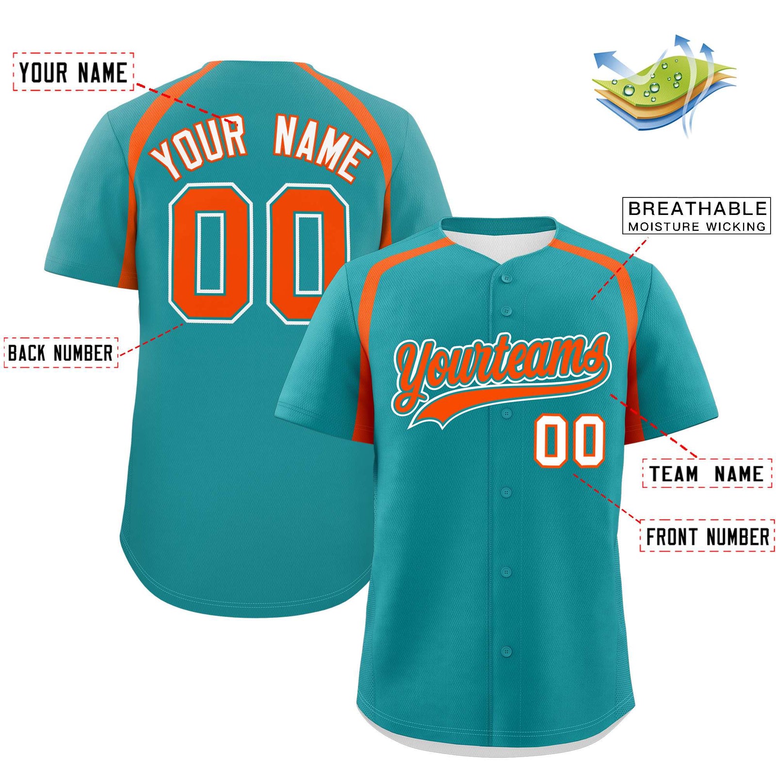 Custom Aqua Orange Personalized Color Block Authentic Baseball Jersey