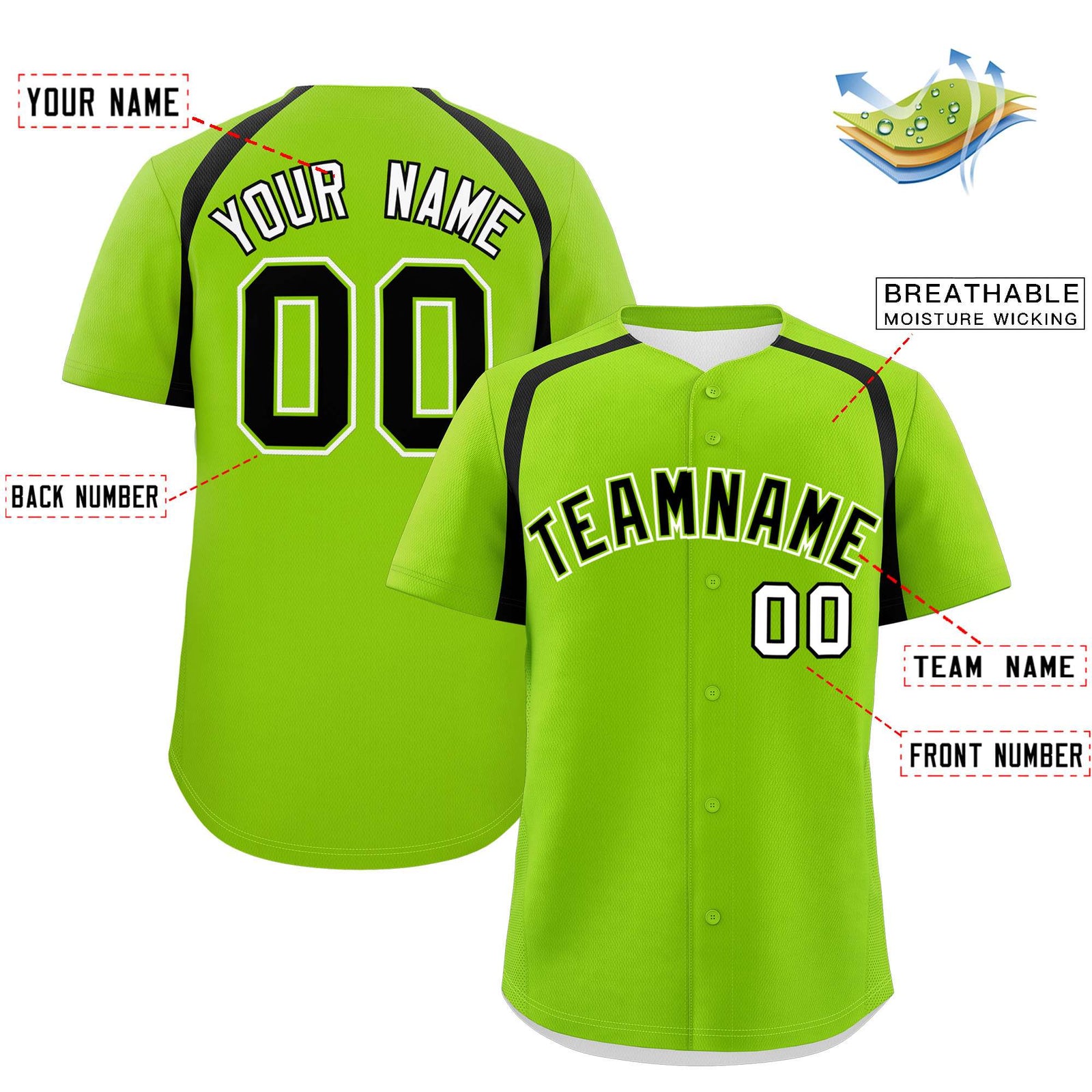 Custom Neon Green Black Personalized Color Block Authentic Baseball Jersey