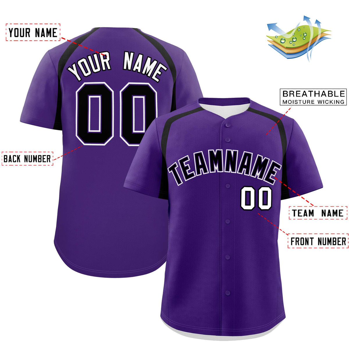 Custom Purple Black Personalized Color Block Authentic Baseball Jersey