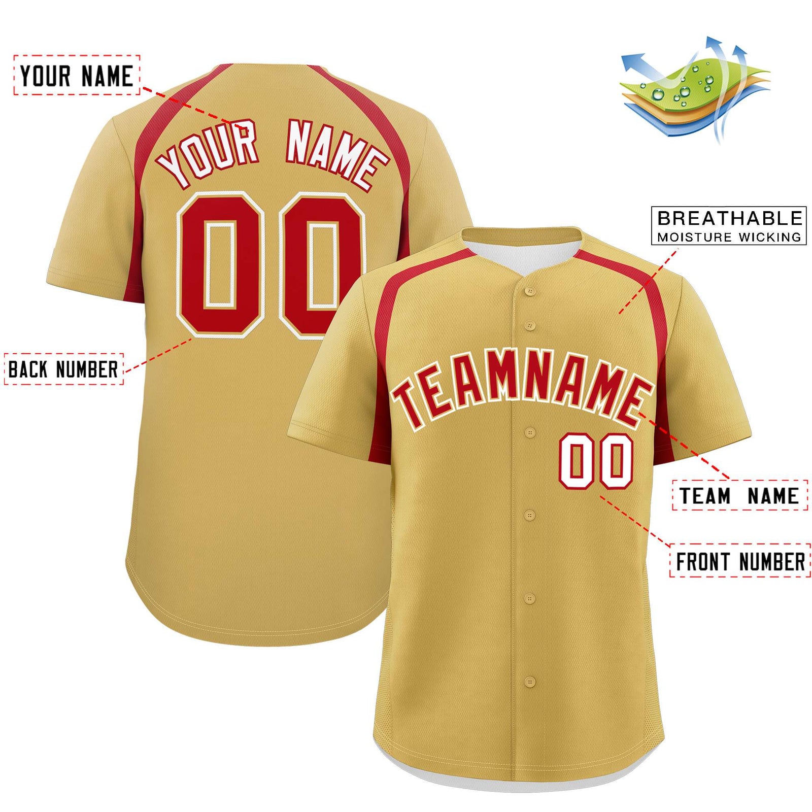 Custom Old Gold Red Personalized Color Block Authentic Baseball Jersey