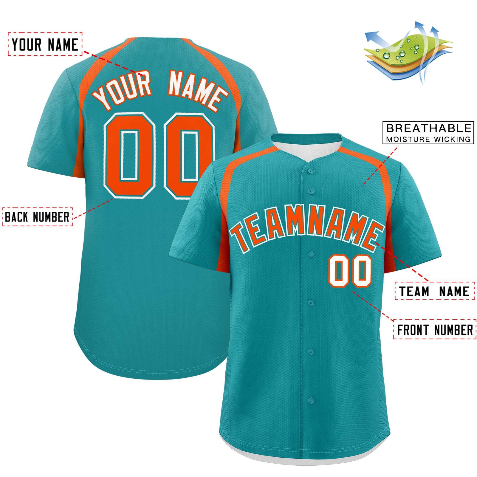 Custom Aqua Orange Personalized Color Block Authentic Baseball Jersey