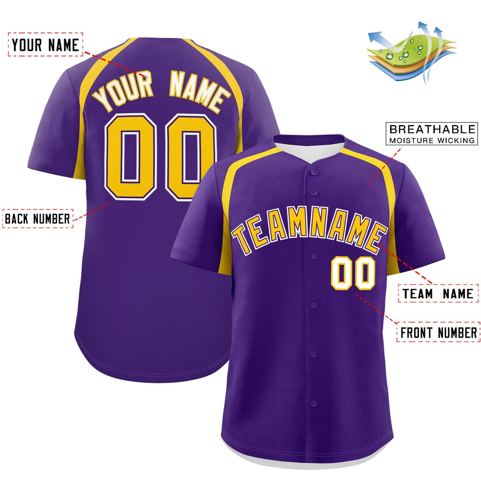 Custom Purple Gold Personalized Color Block Authentic Baseball Jersey