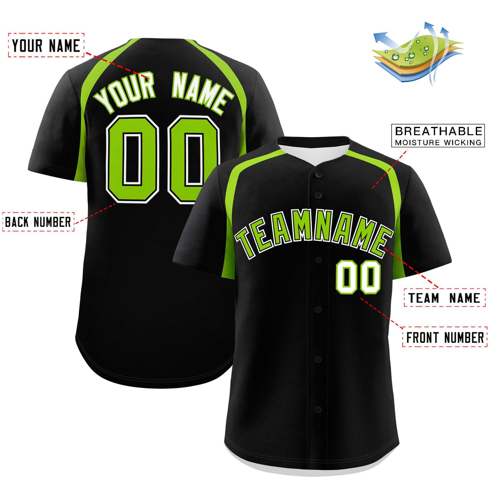 Custom Black Neon Green Personalized Color Block Authentic Baseball Jersey