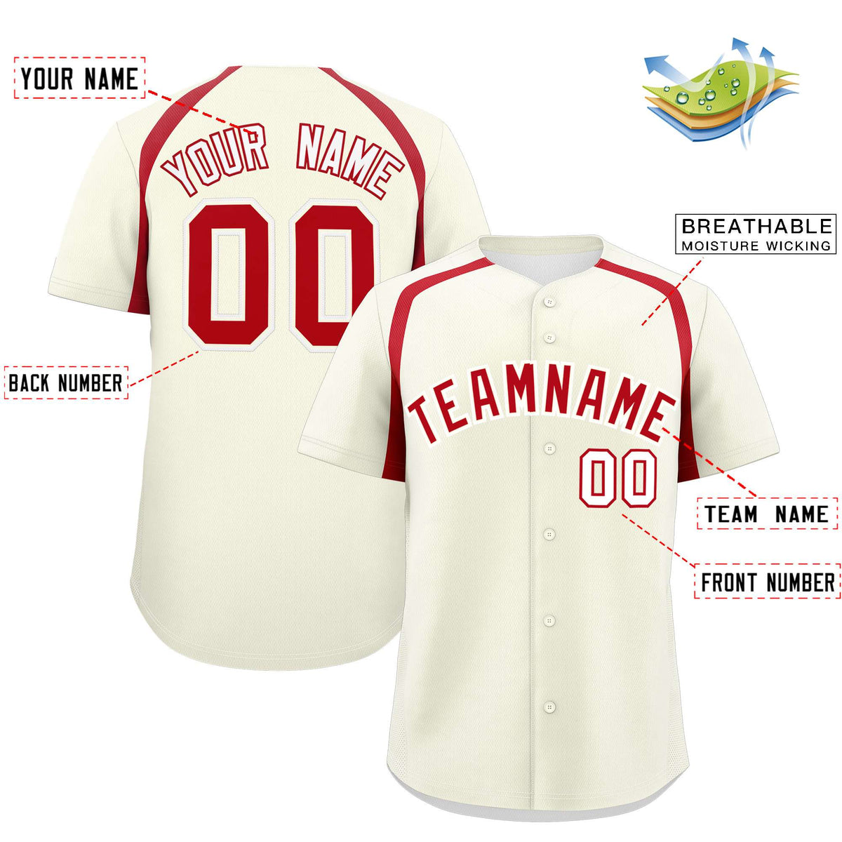 Custom Cream Red Personalized Color Block Authentic Baseball Jersey