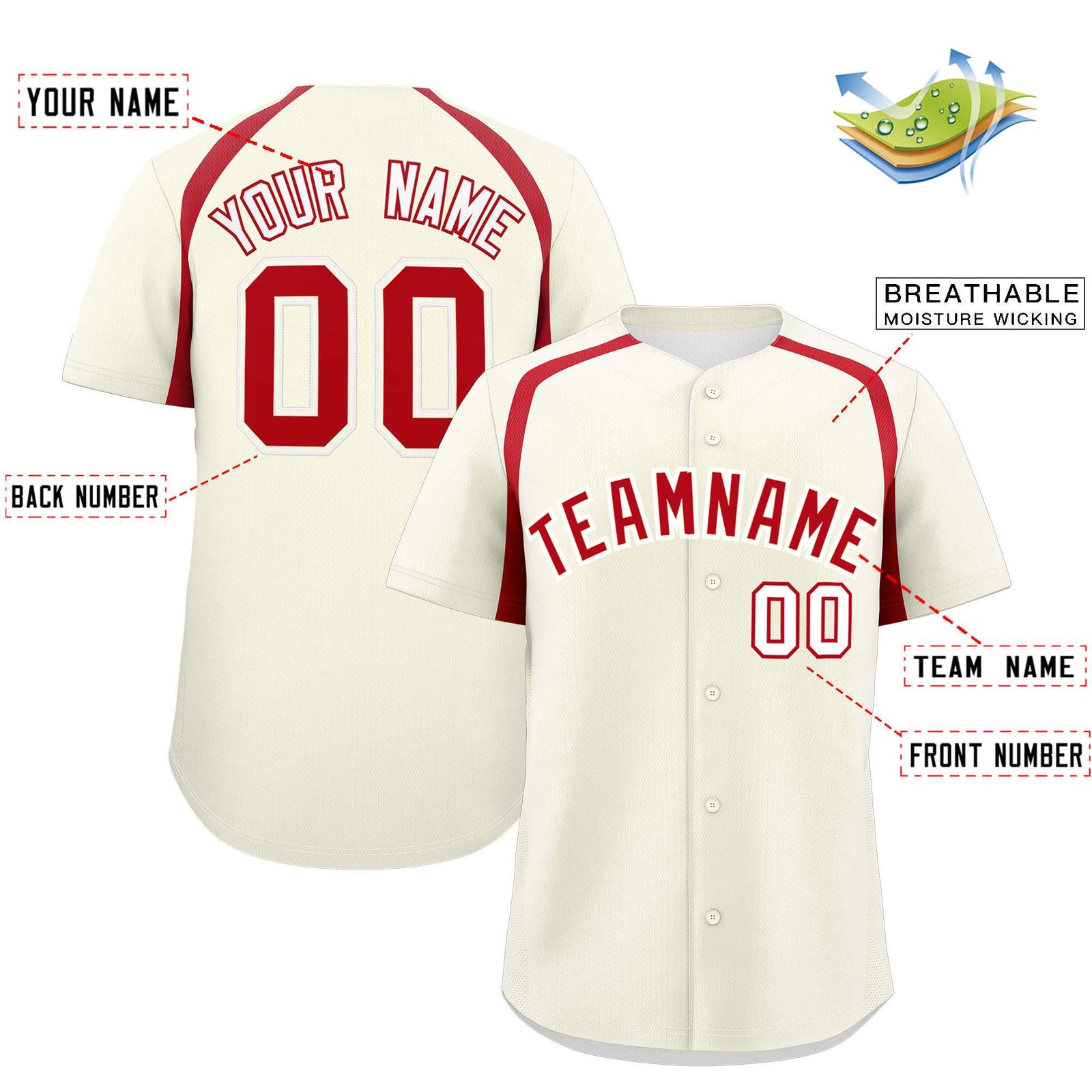 Custom Cream Red Personalized Color Block Authentic Baseball Jersey