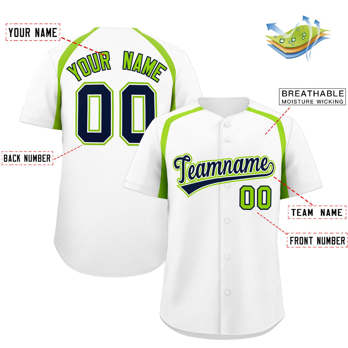 Custom White Neon Green Personalized Color Block Authentic Baseball Jersey