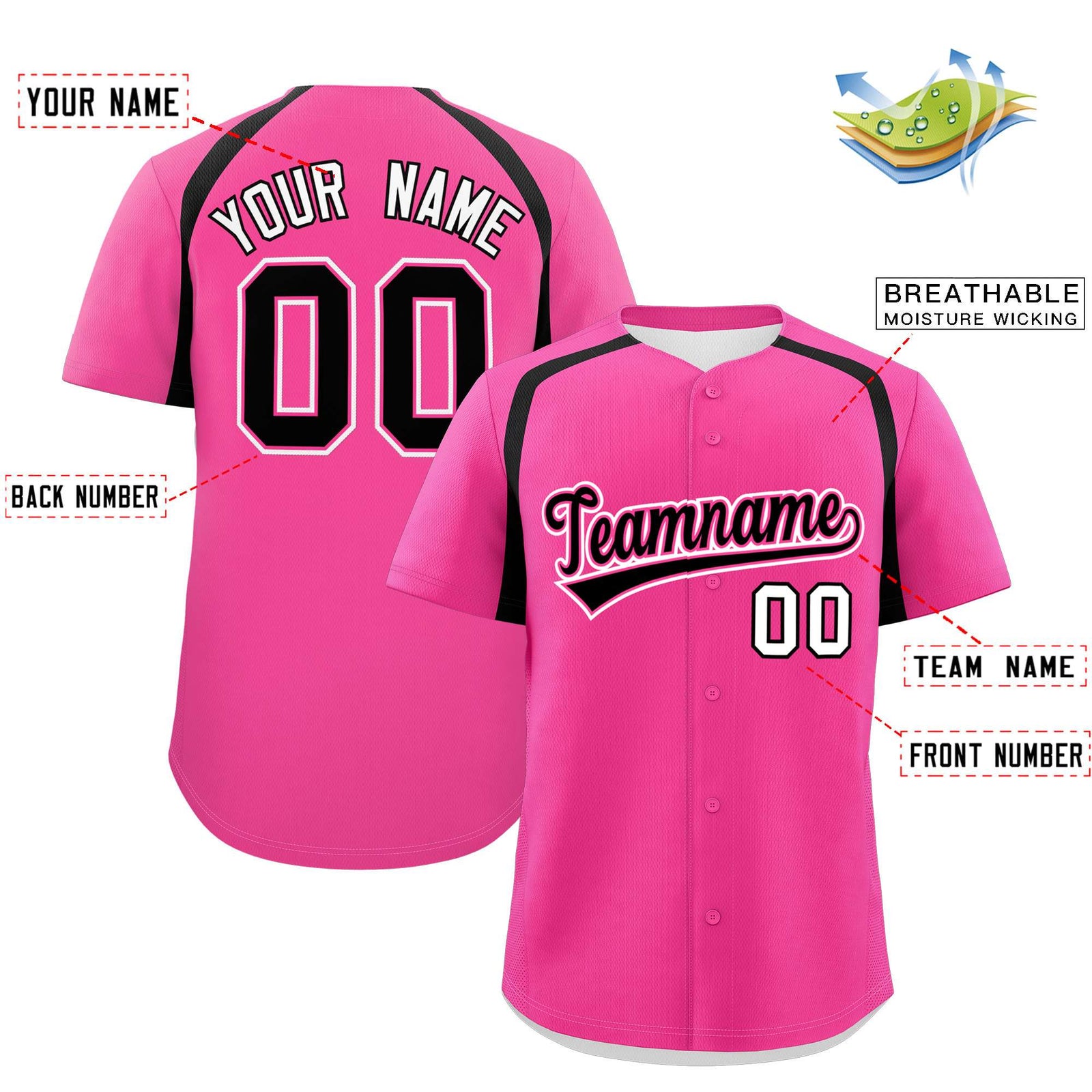Custom Pink Black Personalized Color Block Authentic Baseball Jersey