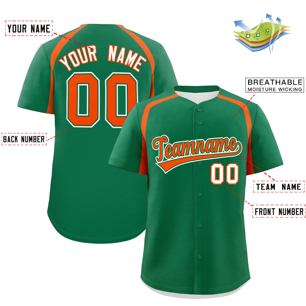 Custom Kelly Green Orange Personalized Color Block Authentic Baseball Jersey