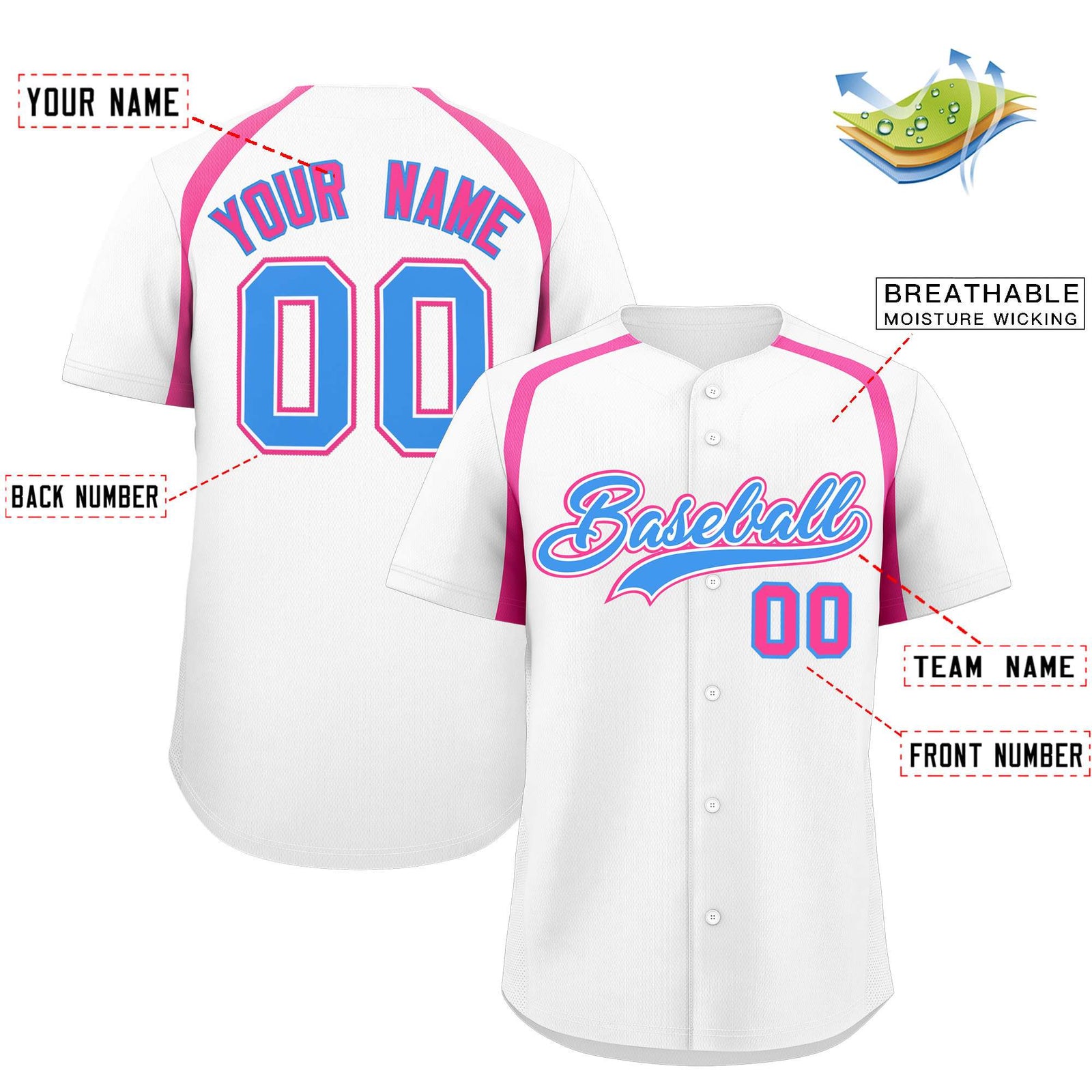 Custom White Pink Personalized Color Block Authentic Baseball Jersey
