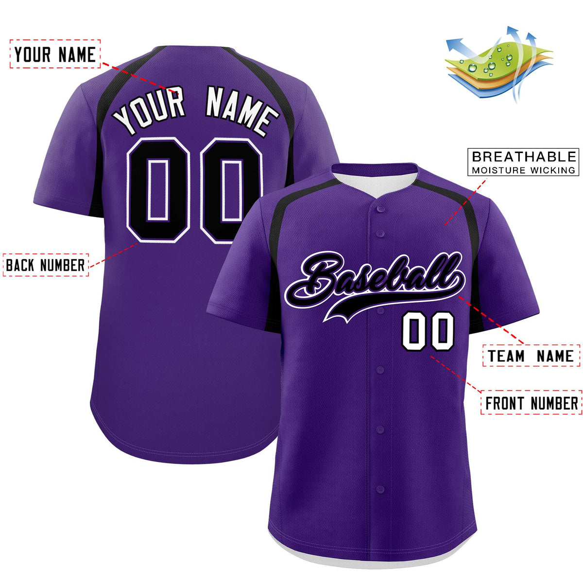 Custom Purple Black Personalized Color Block Authentic Baseball Jersey