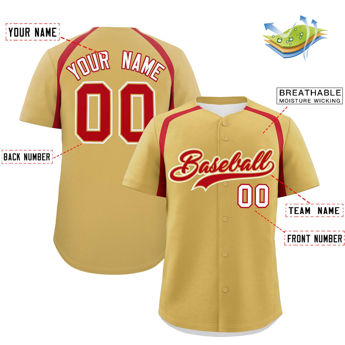 Custom Old Gold Red Personalized Color Block Authentic Baseball Jersey