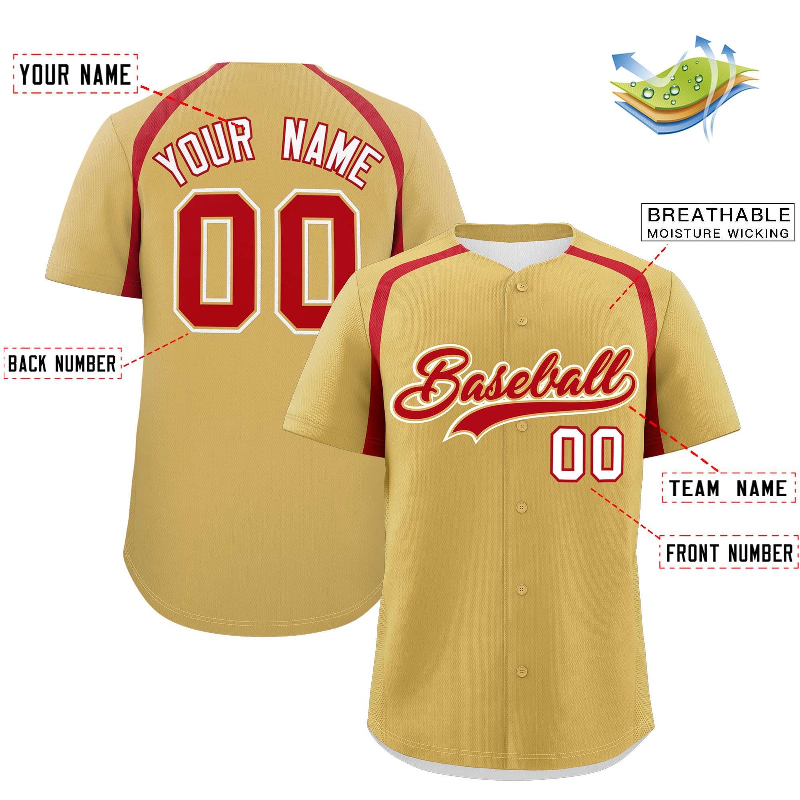 Custom Old Gold Red Personalized Color Block Authentic Baseball Jersey