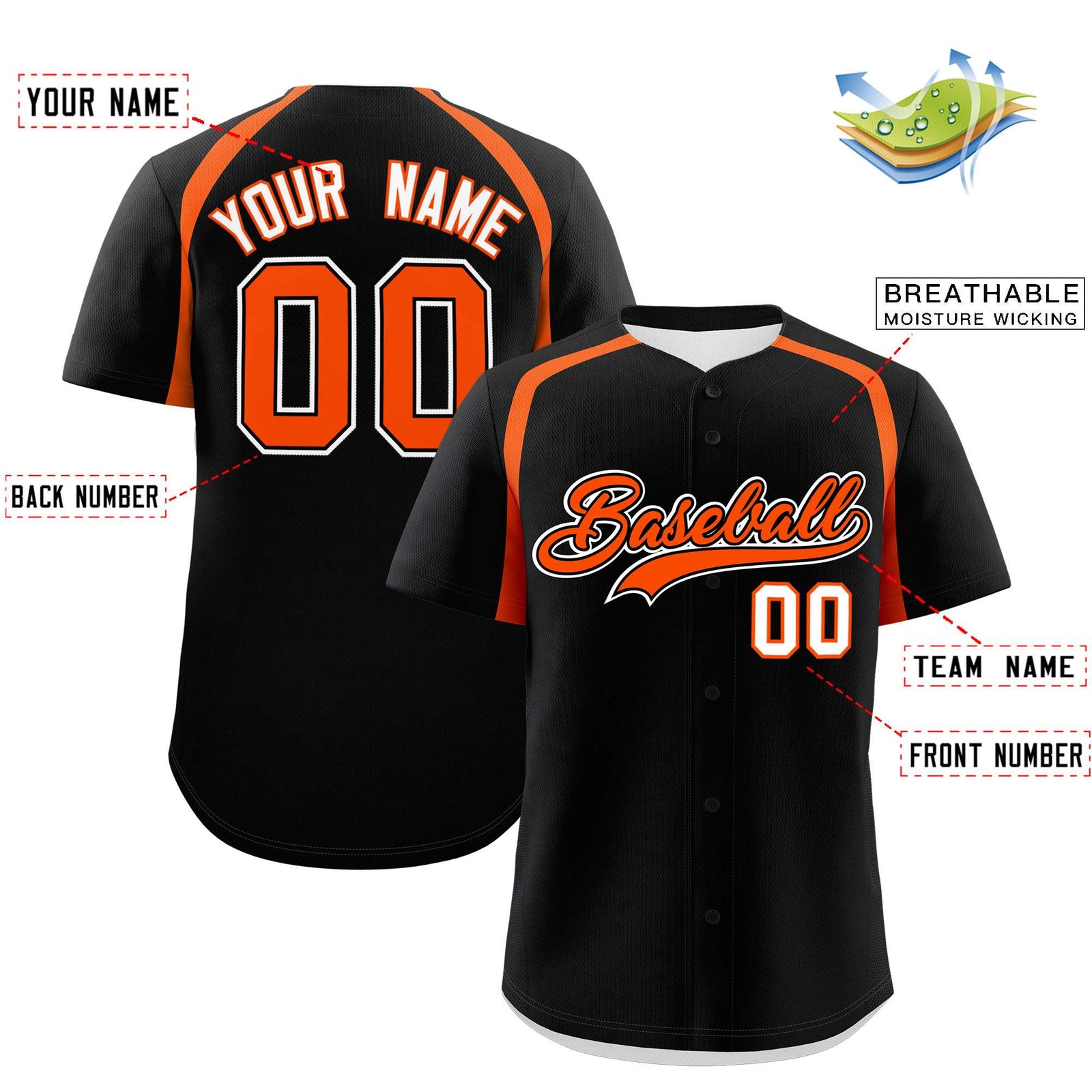 Custom Black Orange Personalized Color Block Authentic Baseball Jersey