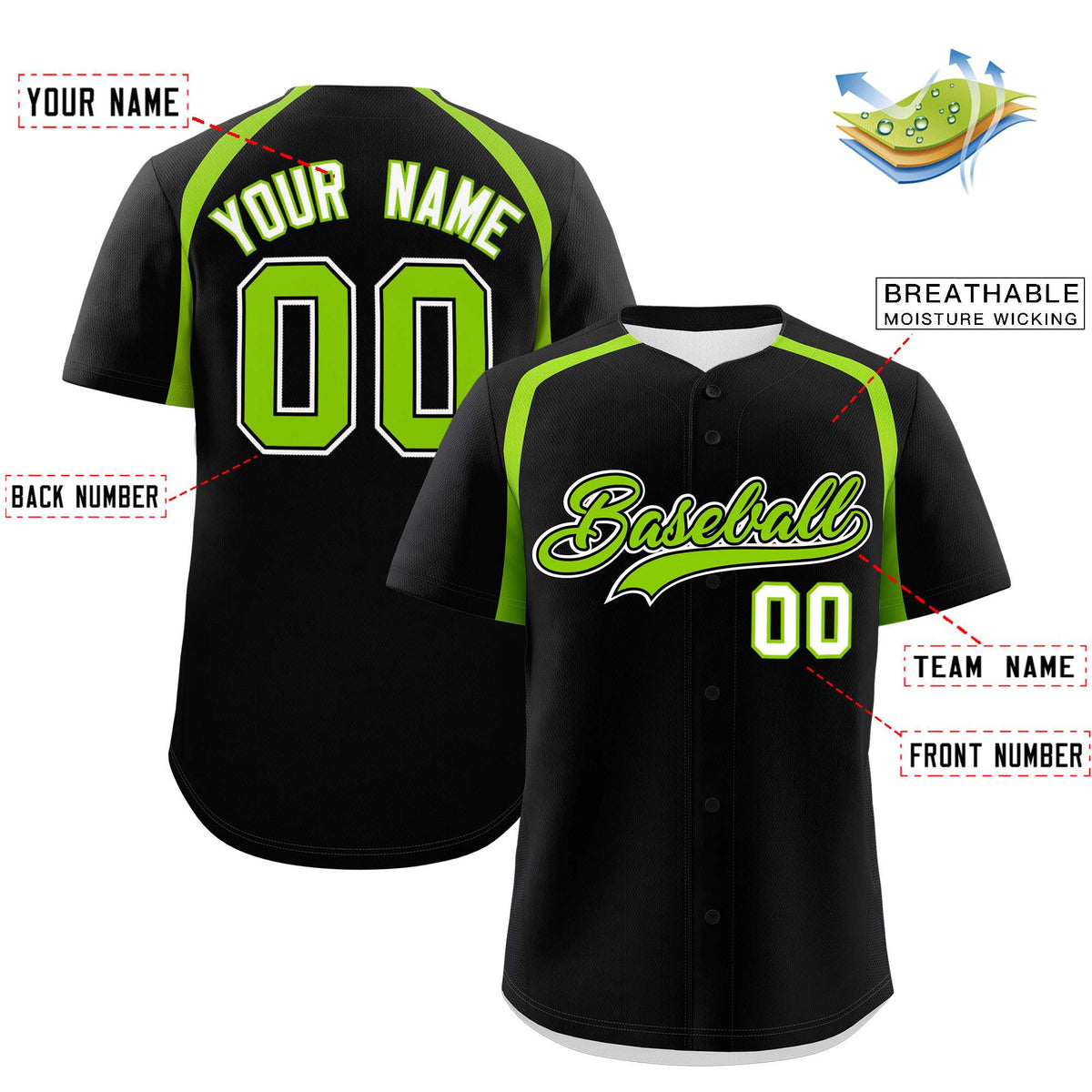 Custom Black Neon Green Personalized Color Block Authentic Baseball Jersey
