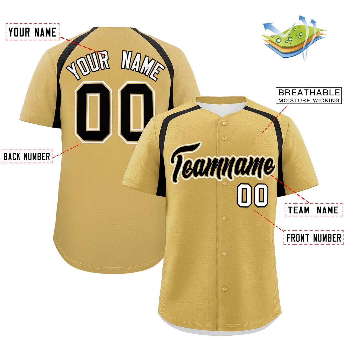 Custom Old Gold Black Personalized Color Block Authentic Baseball Jersey