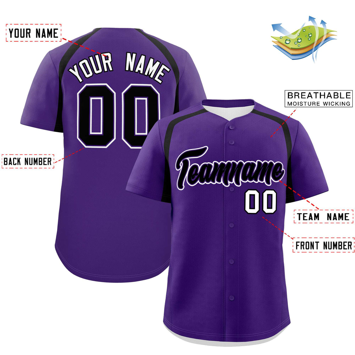 Custom Purple Black Personalized Color Block Authentic Baseball Jersey