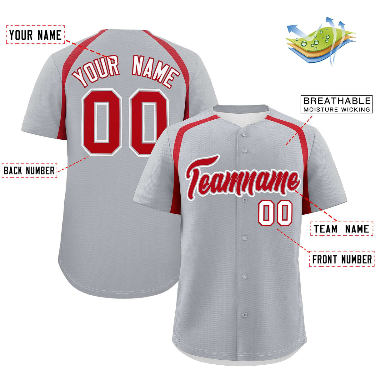 Custom Silver Red Personalized Color Block Authentic Baseball Jersey