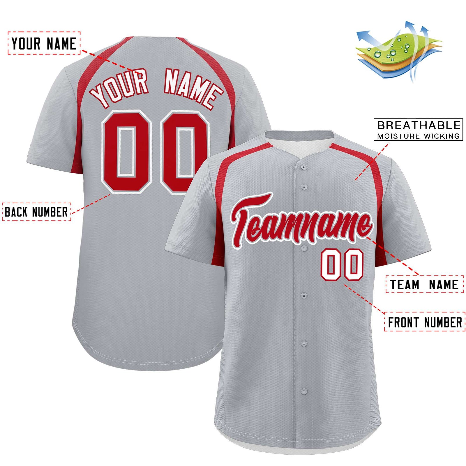 Custom Silver Red Personalized Color Block Authentic Baseball Jersey