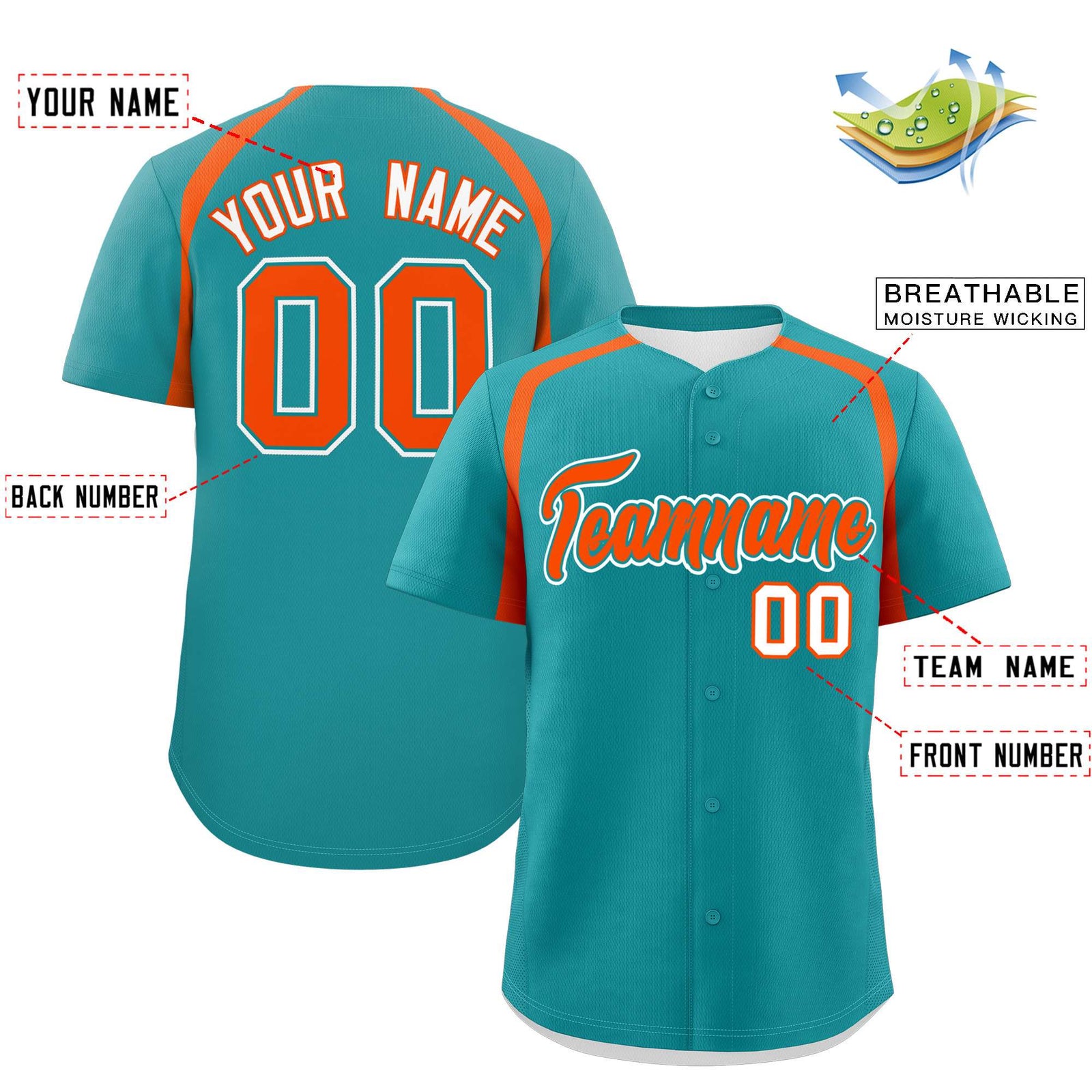 Custom Aqua Orange Personalized Color Block Authentic Baseball Jersey