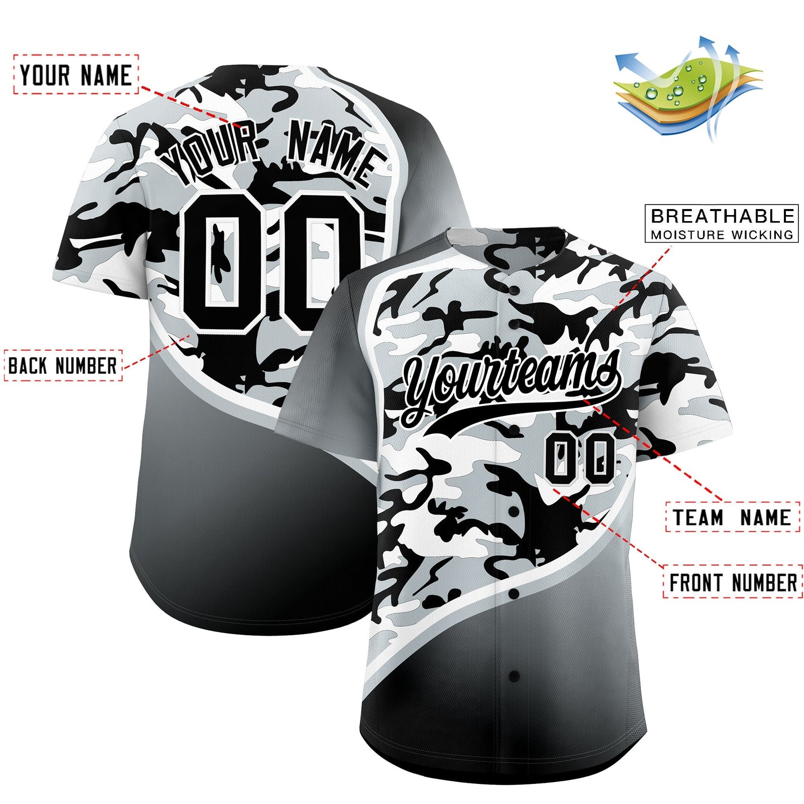 Custom Black Silver White Camo Gradient Fashion Baseball Jersey | Perfect for Training,Sublimation Printed & Stitched,Add Name and Numbern,Perfect for Teams | KXKSHOP