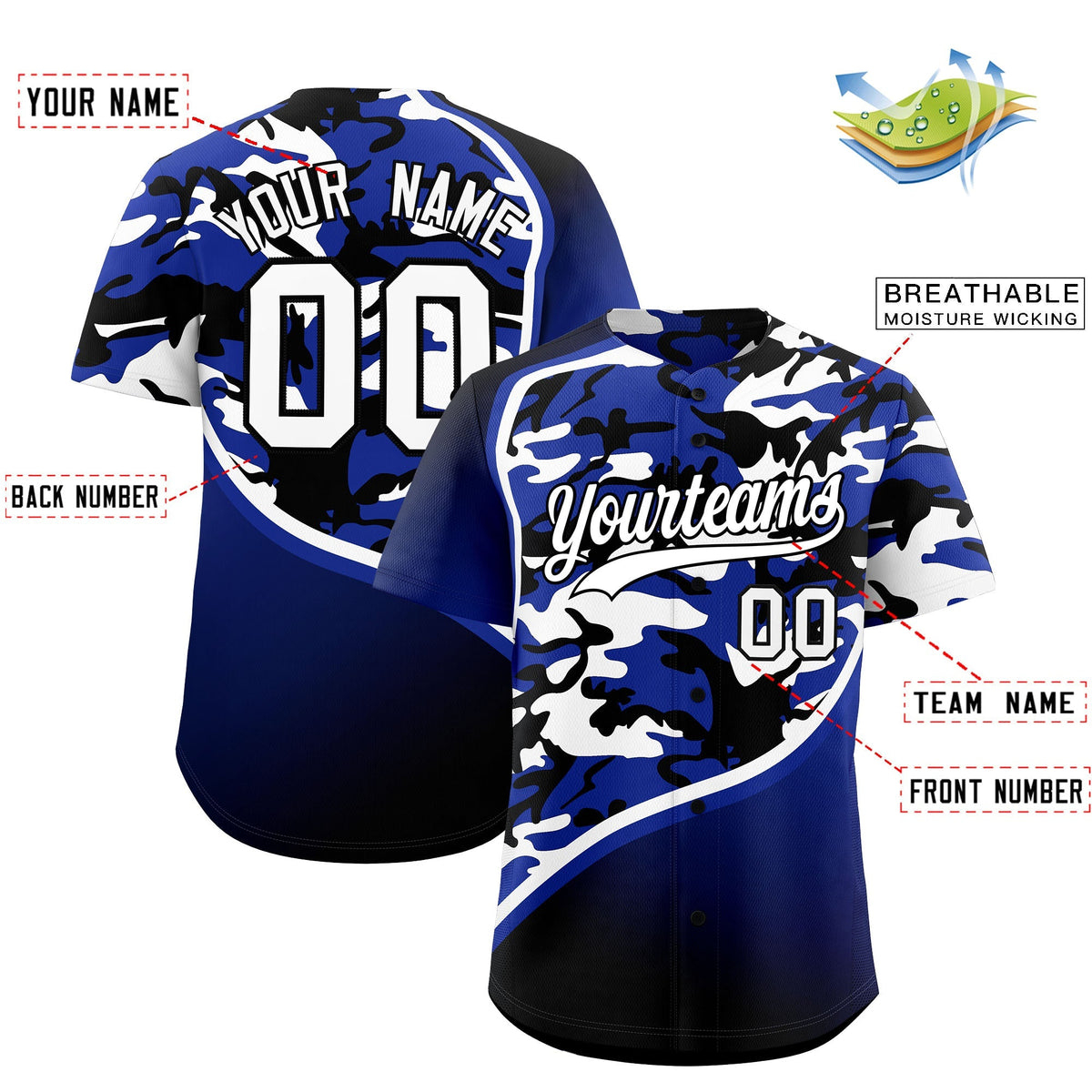 Custom Royal Blue Black White Camo Gradient Fashion Baseball Jersey | Perfect for Training,Sublimation Printed &amp; Stitched,Add Name and Numbern,Perfect for Teams | KXKSHOP