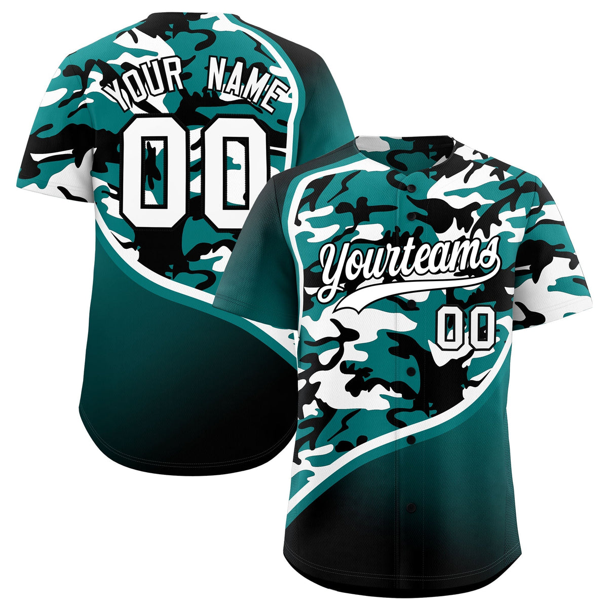 Custom Teal Black White Camo Gradient Fashion Baseball Jersey | Perfect for Training,Sublimation Printed &amp; Stitched,Add Name and Numbern,Perfect for Teams | KXKSHOP